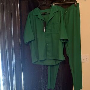 Fashion Nova Emerald Green Track Pants & Shirt Set